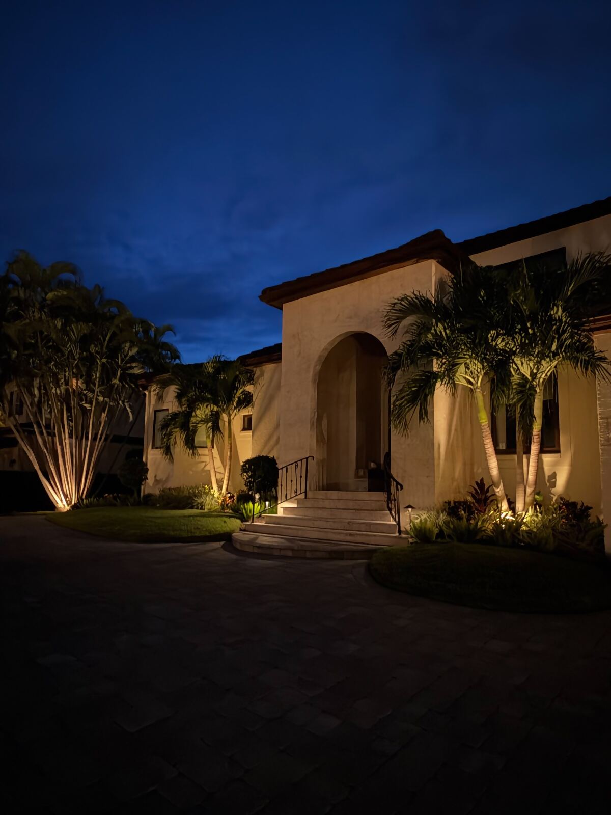 Front of a Mediterranean-style home with palm uplighting and landscape lighting at dusk