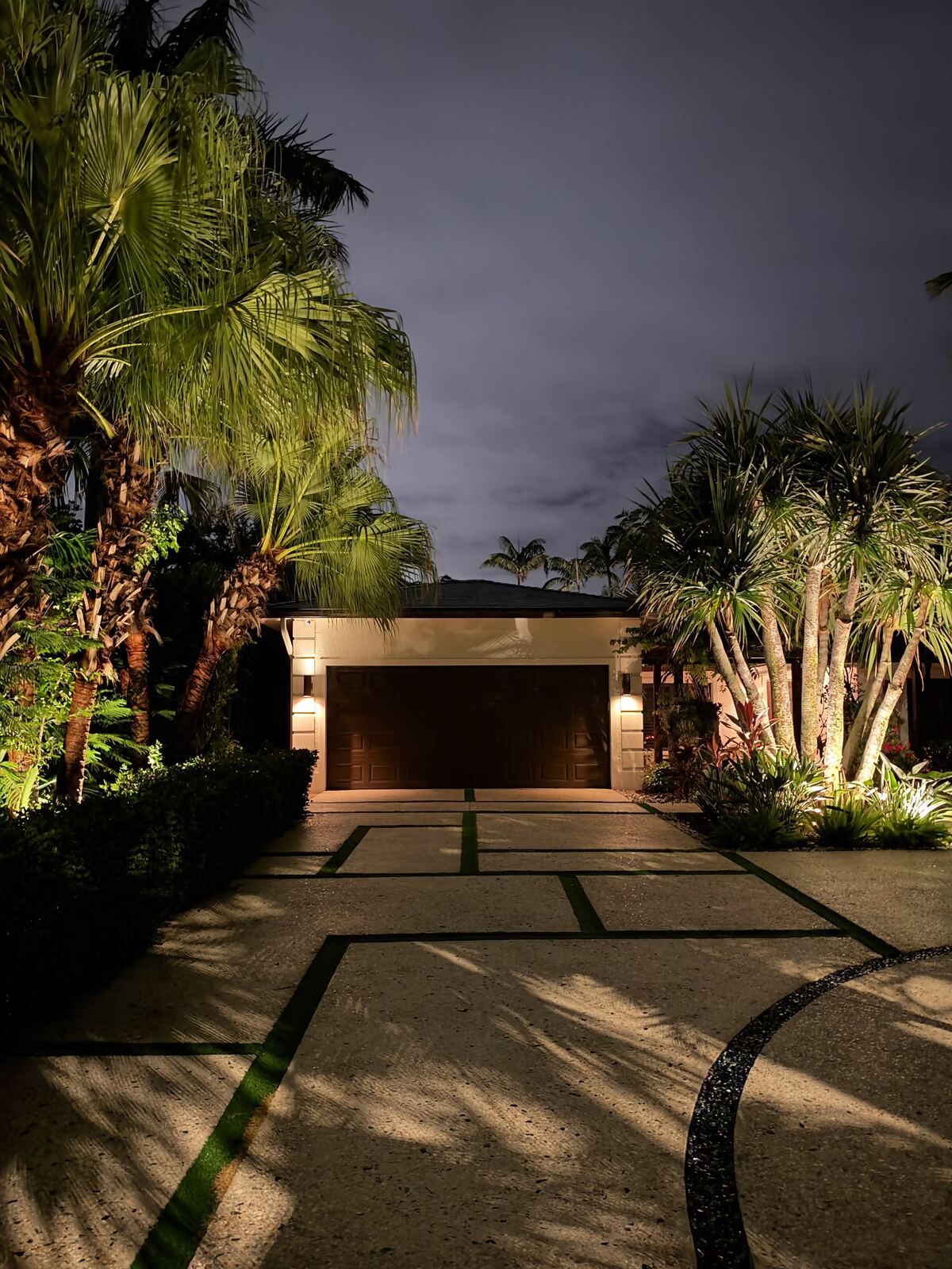 Modern driveway with lit palms and garden beds leading to a garage at night
