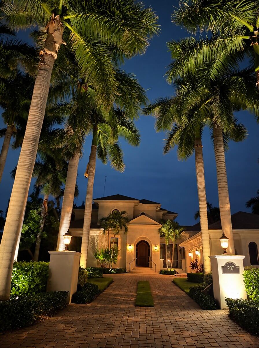Royal palms uplit along the paver entry drive of a large home at dusk